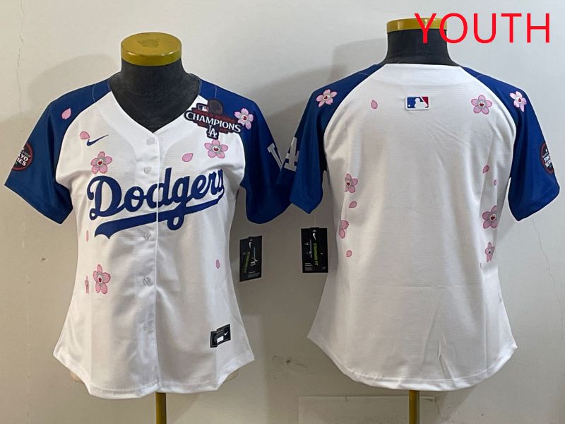 Youth Los Angeles Dodgers Blank White Blue Sakura Edition 2025 Nike MLB Jersey style 2->youth mlb jersey->Youth Jersey